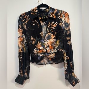 Twist front dark floral long sleeve top